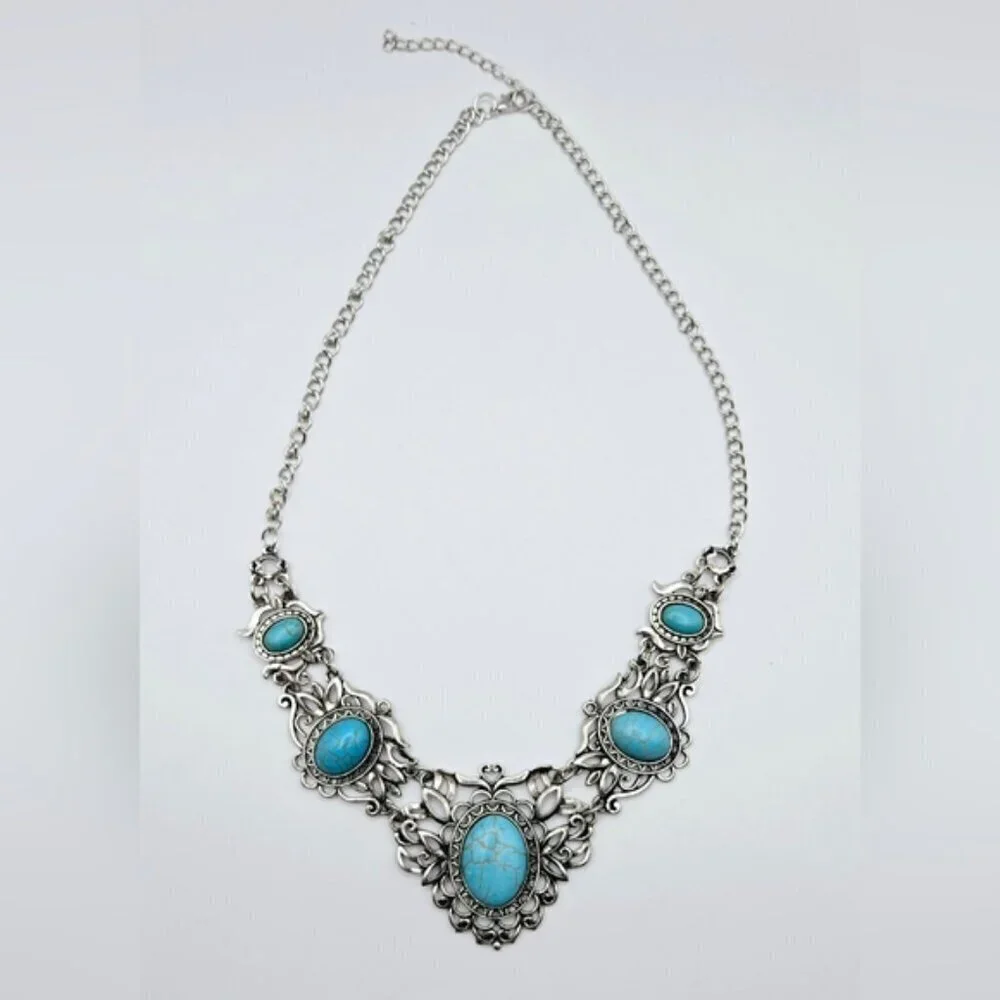 Turquoise Statement Necklace Set Silver Boho Western Bib Earrings Vintage